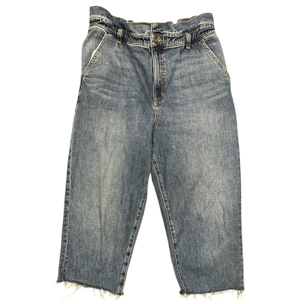 GUESS Vintage Wash High Rise Wide Leg Cropped Jeans Raw Hem Stretch W32